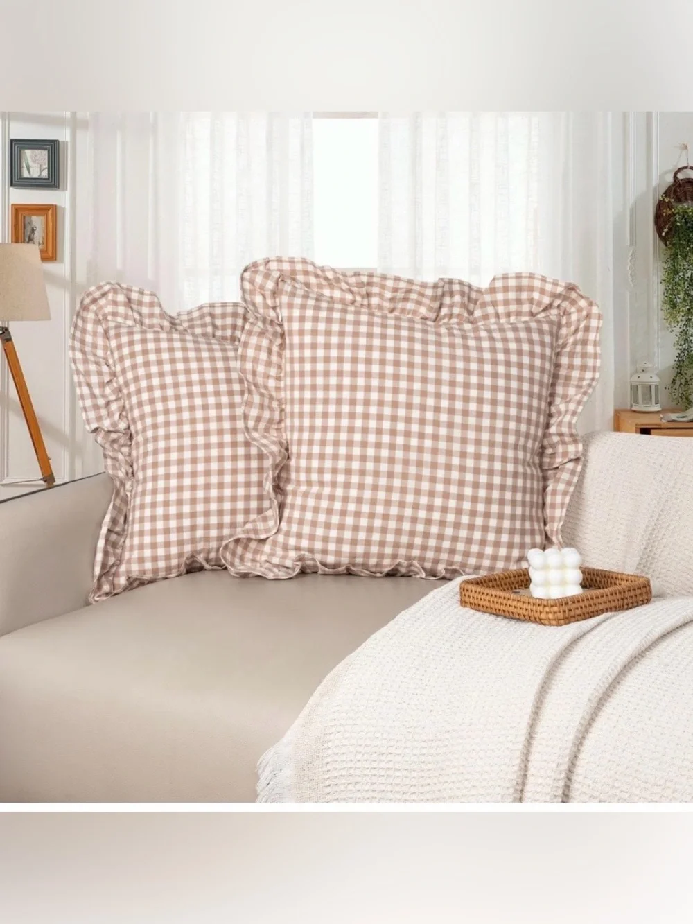 Farmhouse Gingham Ruffle Pillow Shams 100% Cotton SQUARE 18x18” (2-Pack)